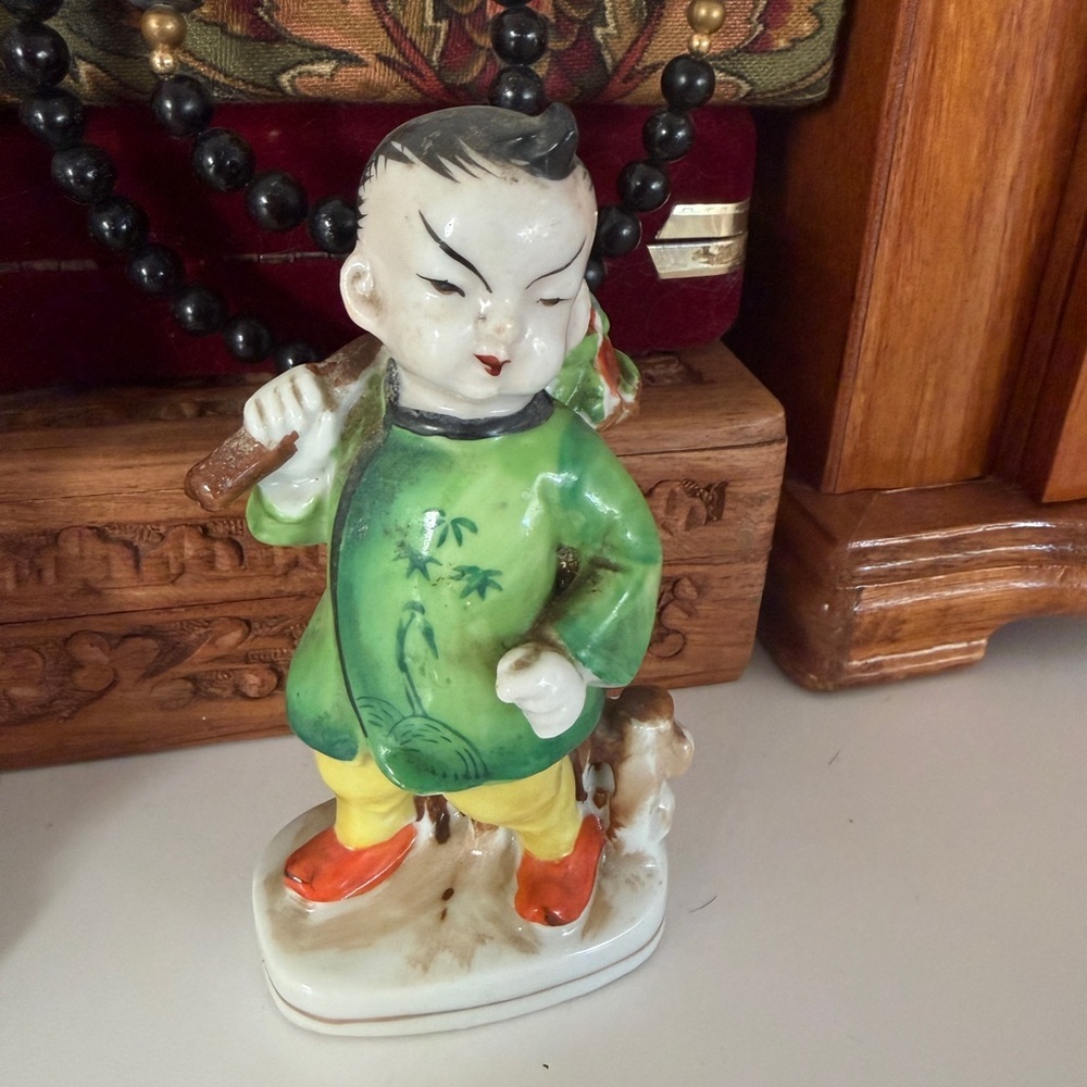 Charming Vintage Green and Yellow Hand Painted Japan Ceramic Figurine